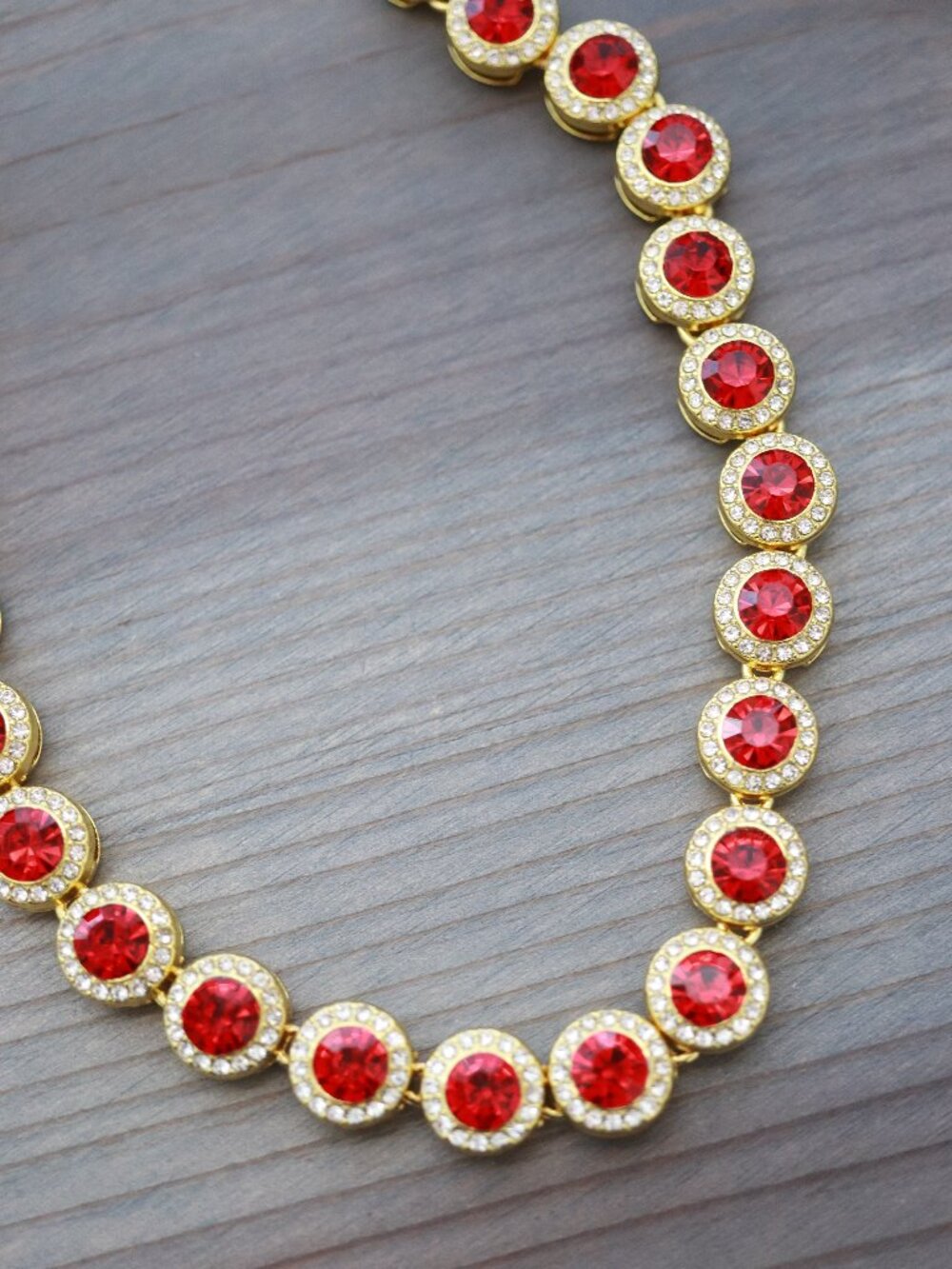 Red Round Halo Cluster CZ Diamond Tennis Style Necklace 18k Gold Plated